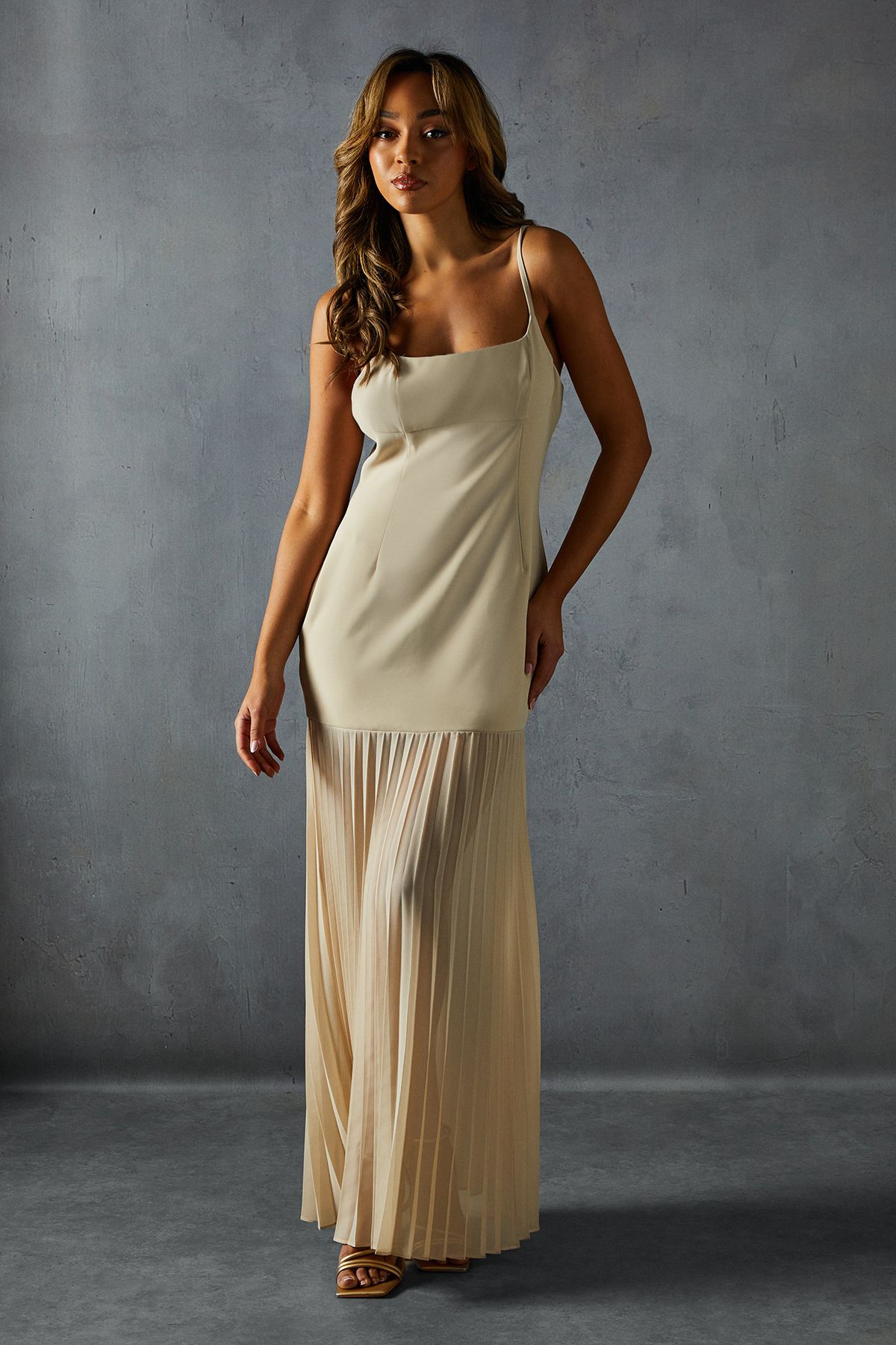 MissPap Square Neck Pleated Chiffon Maxi Dress Nude