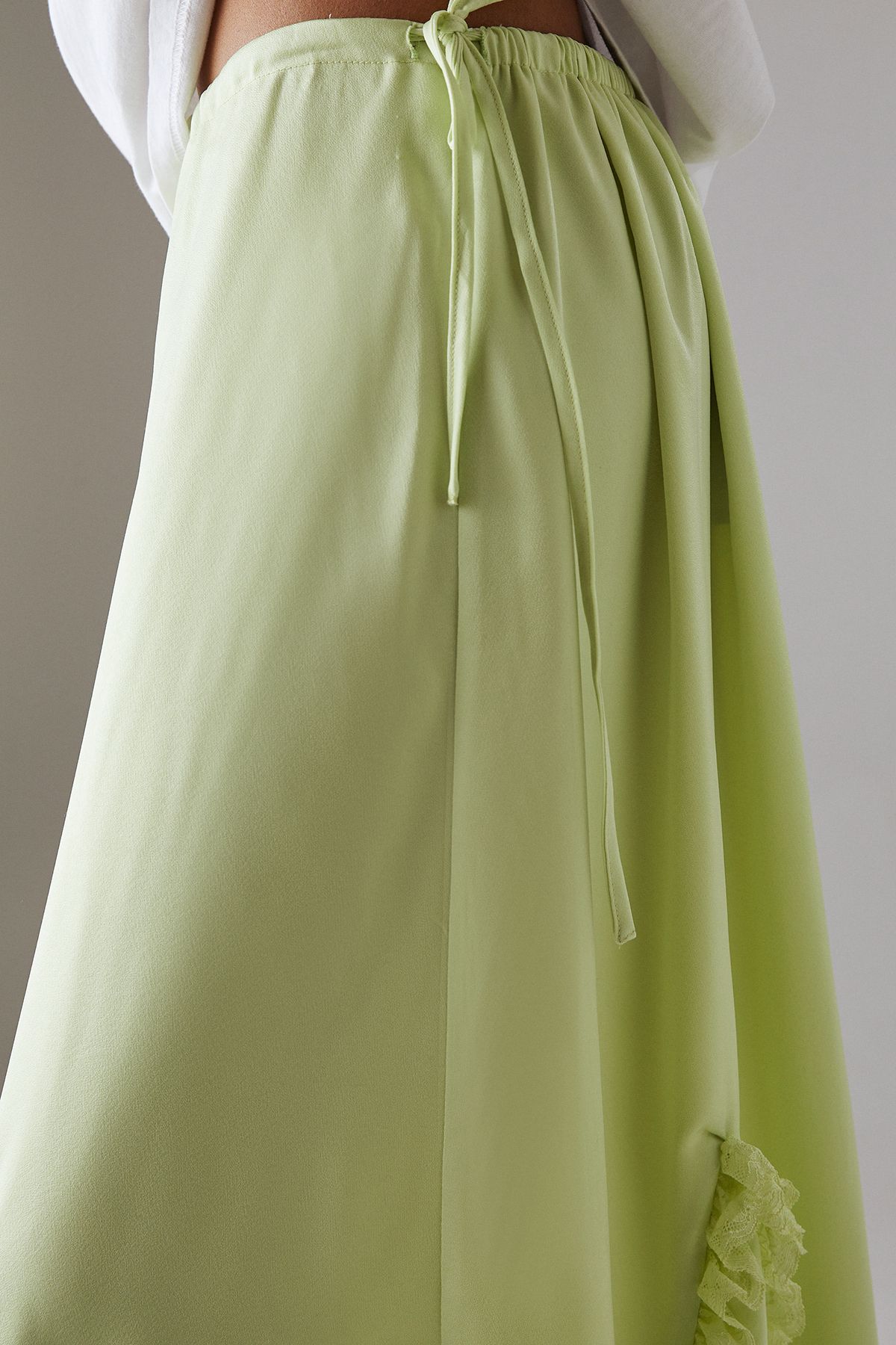 Warehouse Satin Lace Godet Hanky Hem Midi Skirt Apple Green image 2