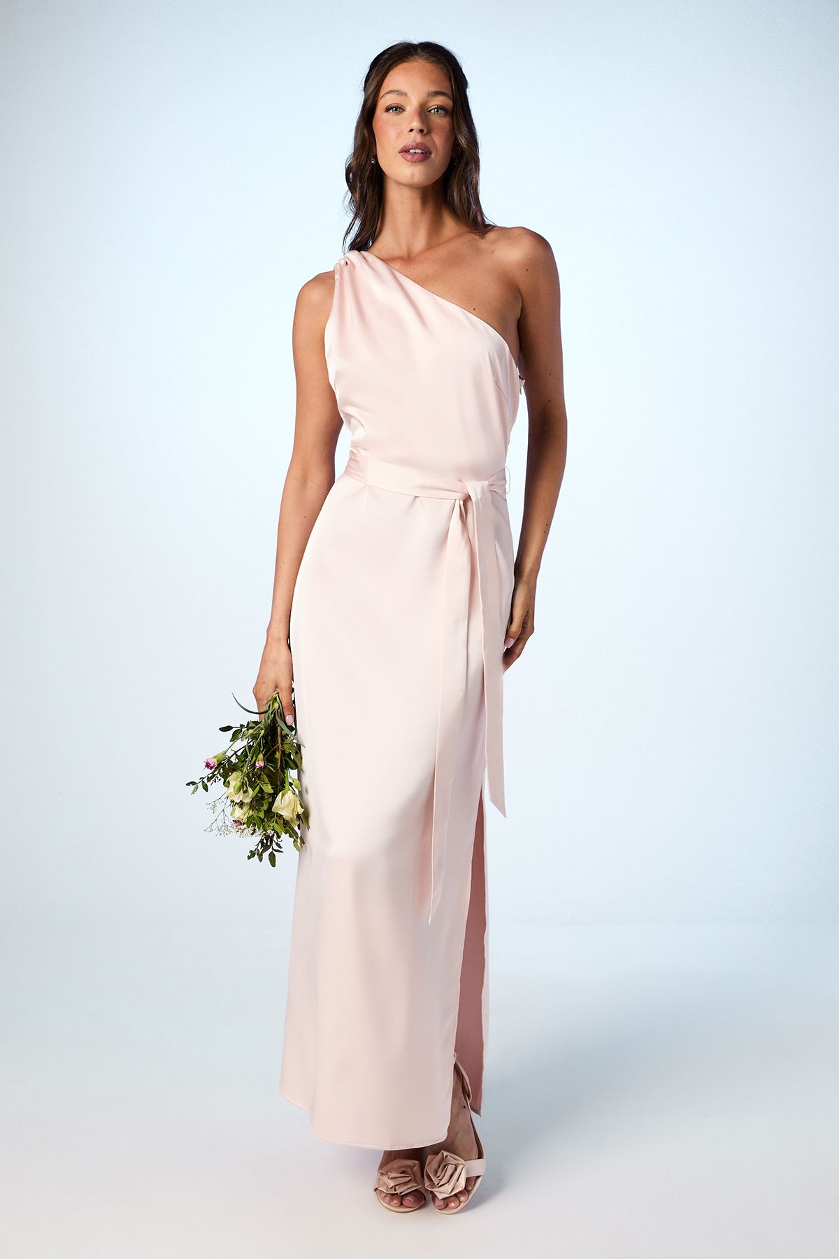 Oasis One Shoulder Satin Maxi Bridesmaid Dress Blush
