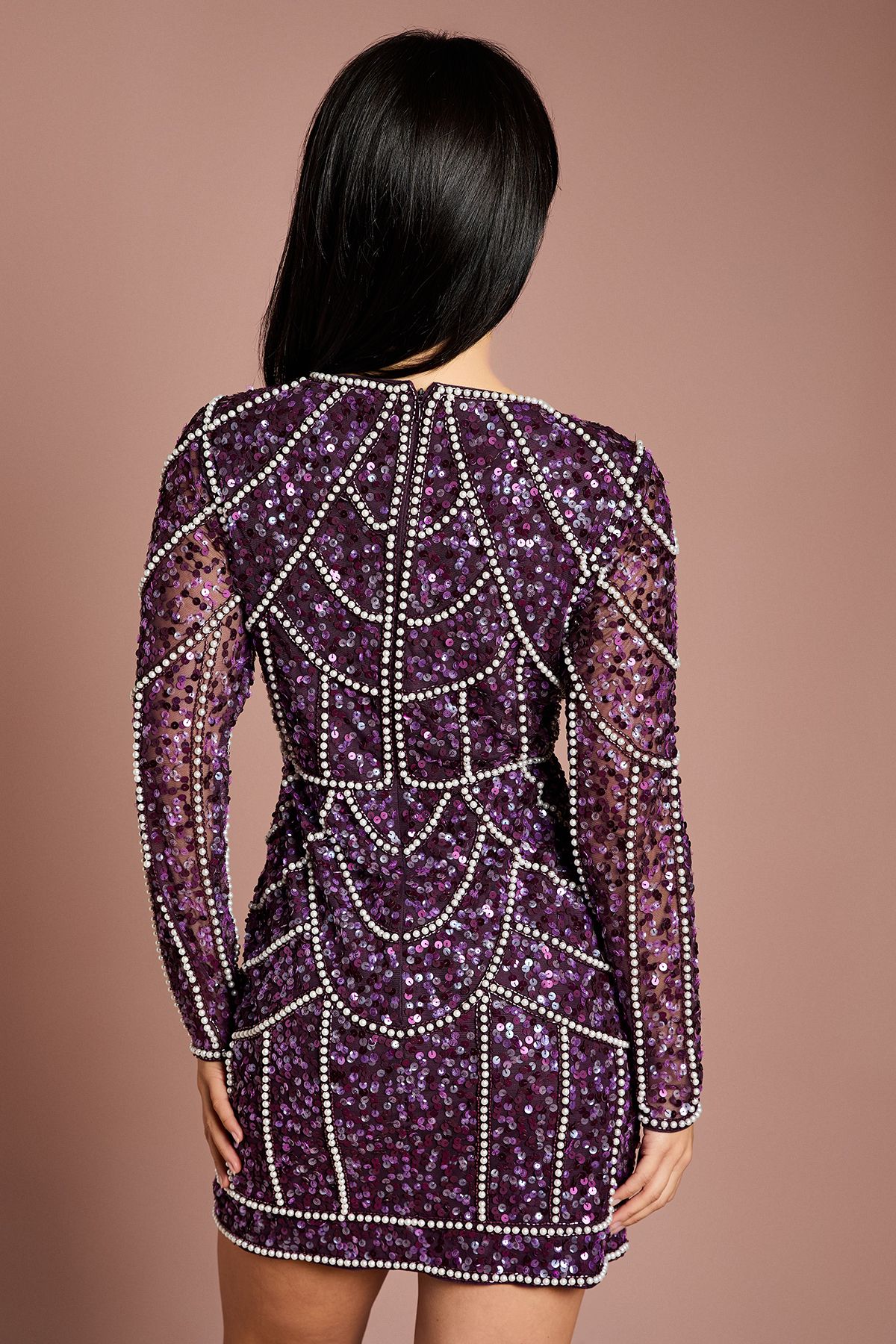 Coast Petite Pearl Detail Mini Dress With Long Sleeve Fig image 3