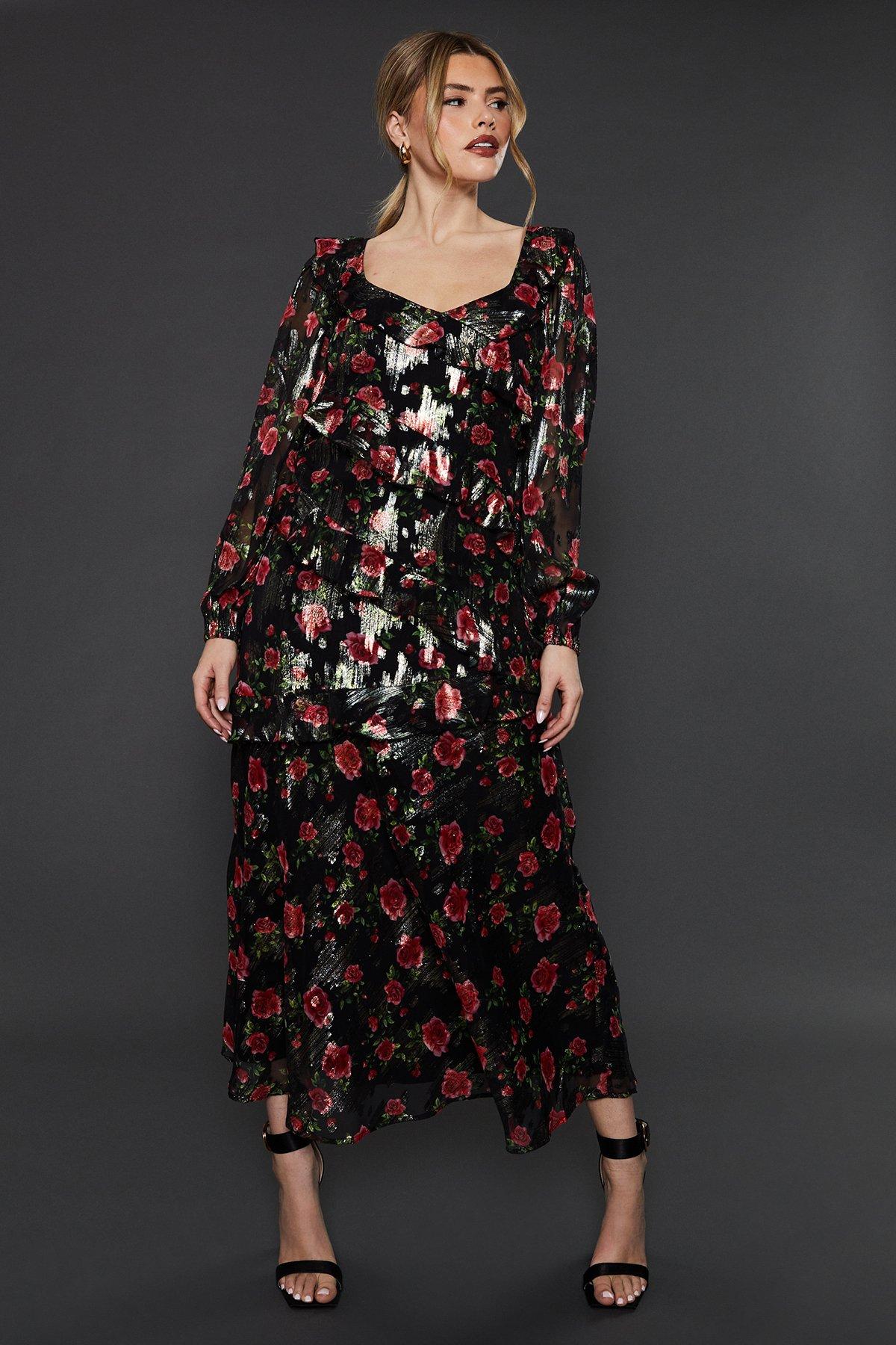 Dorothy Perkins Black Floral Ruffle Long Sleeve Chiffon Metallic Midi Dress Floral image 1