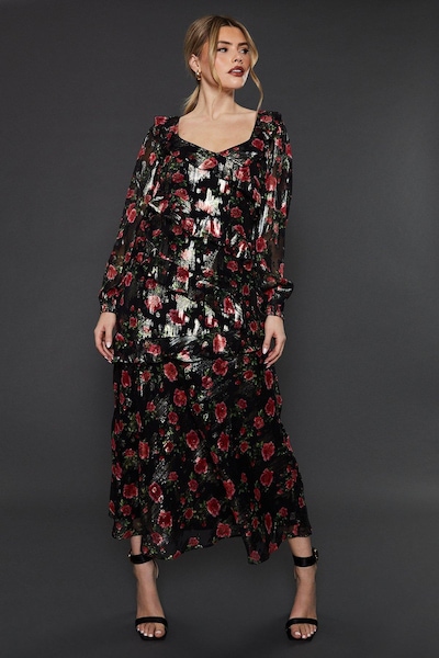 Dorothy Perkins Black Floral Ruffle Long Sleeve Chiffon Metallic Midi Dress Floral