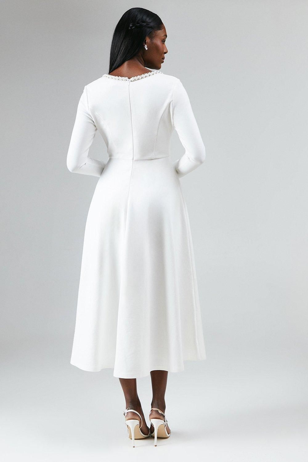 Coast Crystal Trim Ponte Long Sleeve Midi Wedding Dress Ivory image 3
