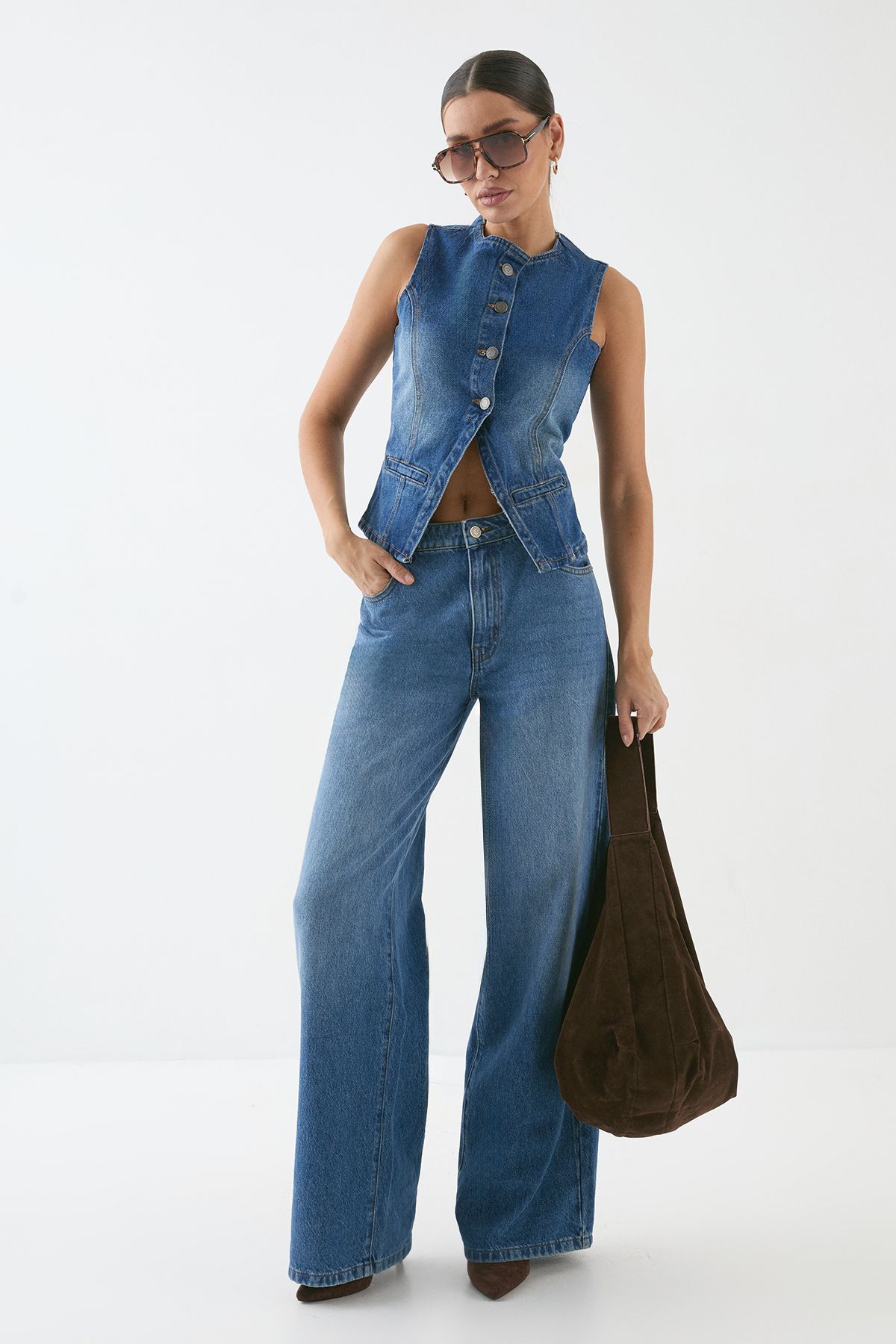 MissPap Button Down Longline Denim Waistcoat Mid Wash image 2