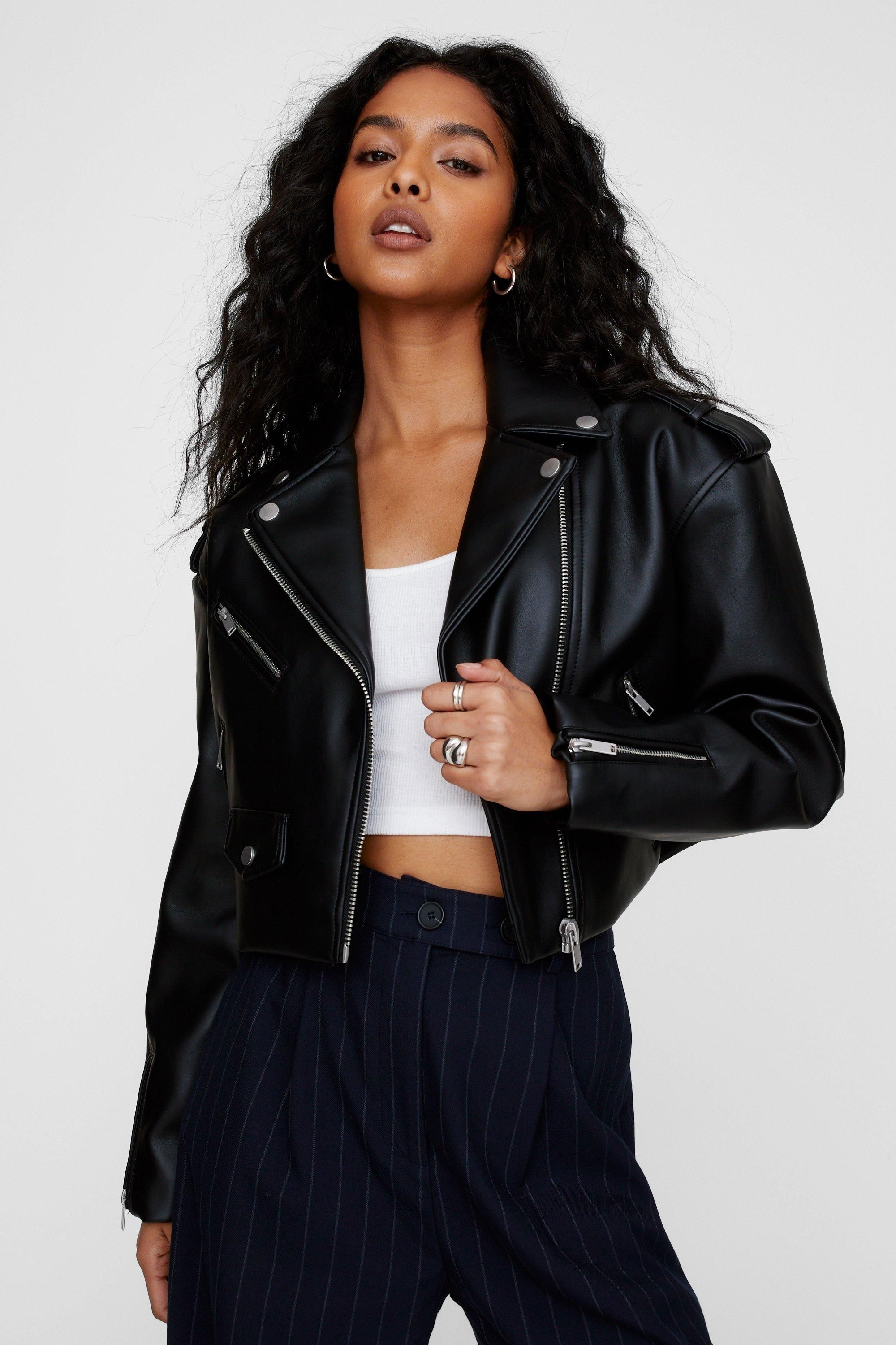 NastyGal Essentials Cropped Faux Leather Boxy Biker Black image 1