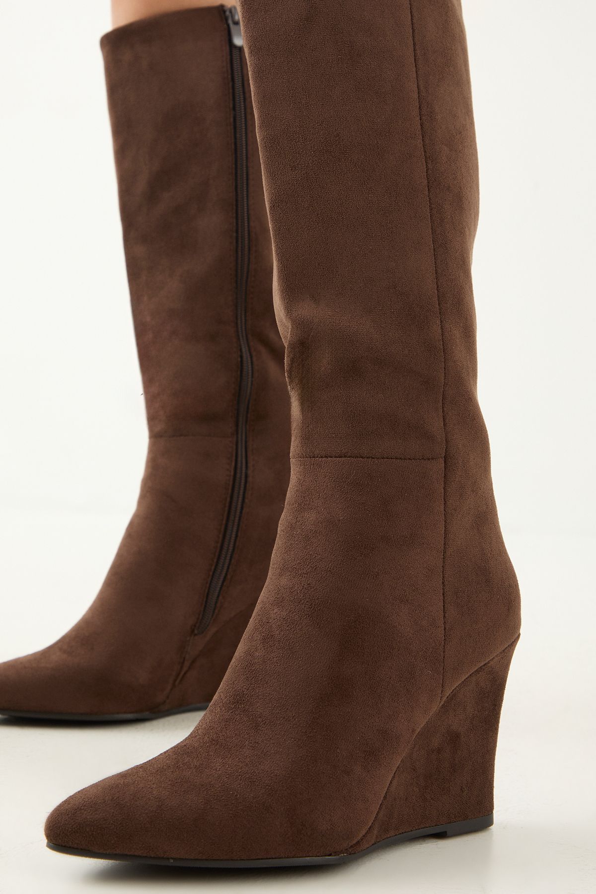 MissPap Faux Suede High Wedge Knee Boots Chocolate image 4