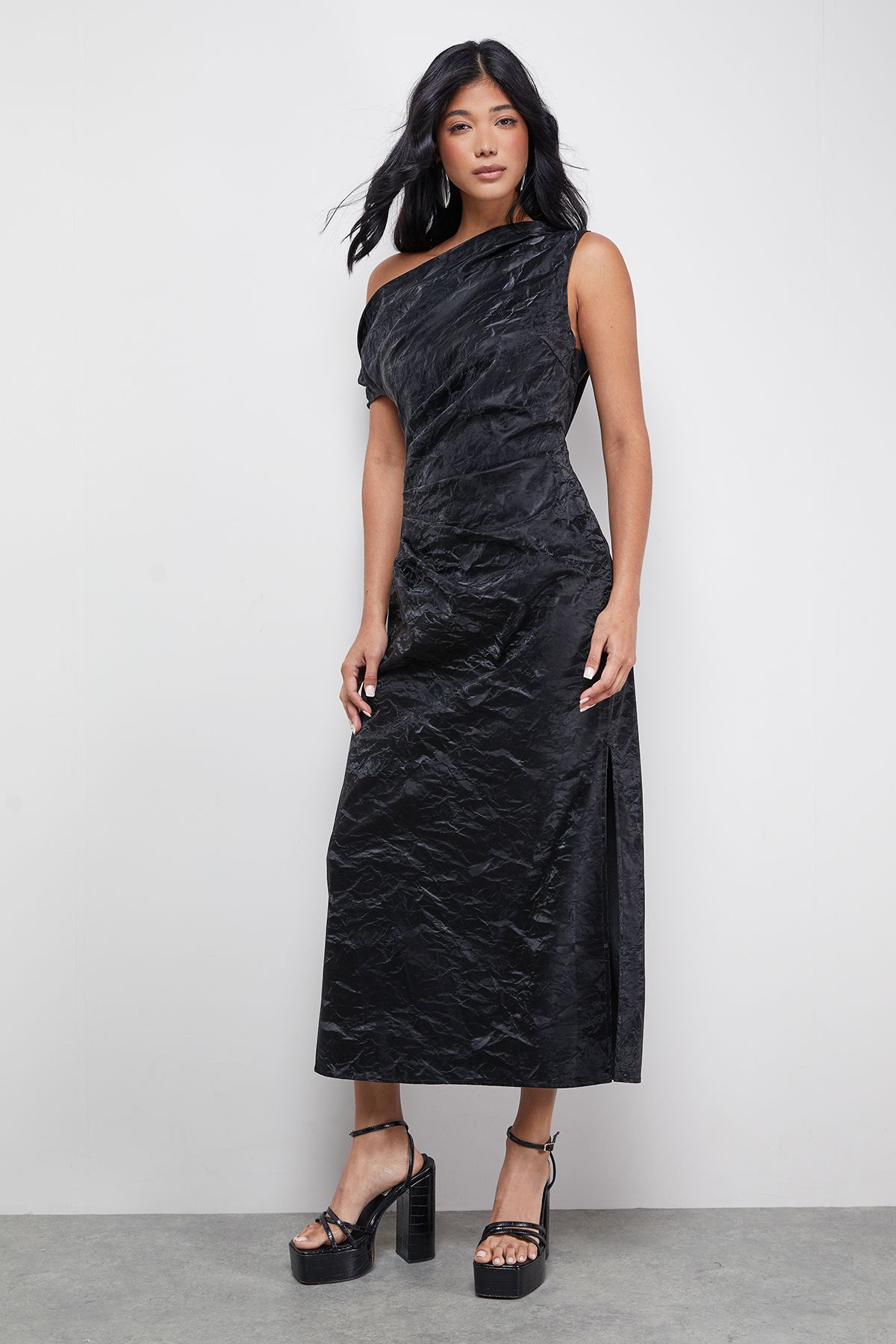 Warehouse Faux Crinkle Leather Fallen Shoulder Ruched Waist Midi Dress Black image 2