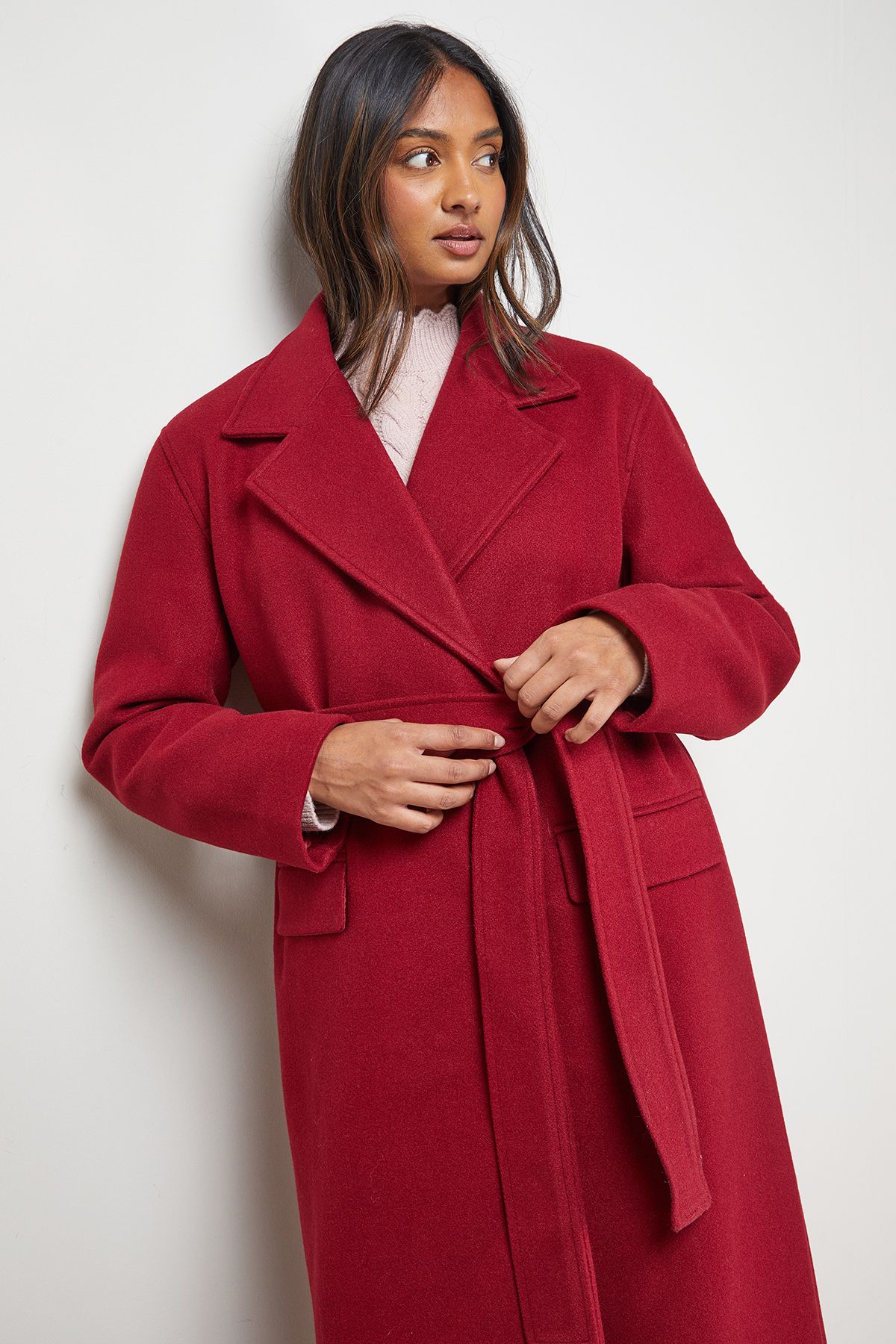Oasis Tie Belt Detail Midi Coat Red image 2