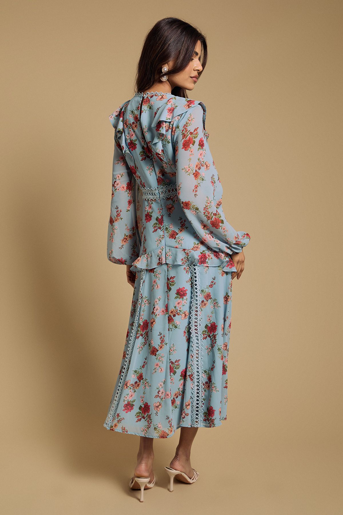 Oasis Petite Chiffon Printed Lace Trim Detail Ruffle Midi Dress Blue image 3