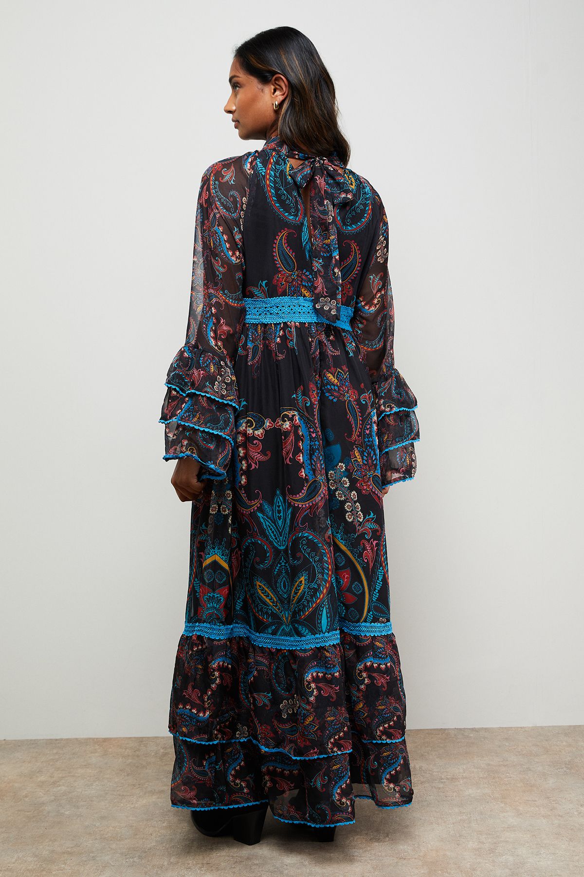 Oasis Placement Print Lace Detail High Neck Maxi Smock Dress Teal image 3