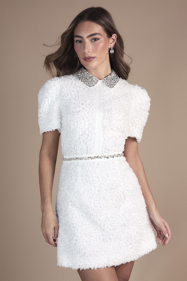 Coast Short Sleeve Jewel Trim Embellished Mini Dress Ivory