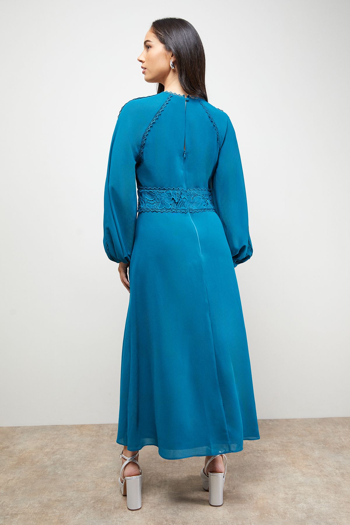 Oasis Lace Front Balloon Sleeve Midi Dress Teal image 3