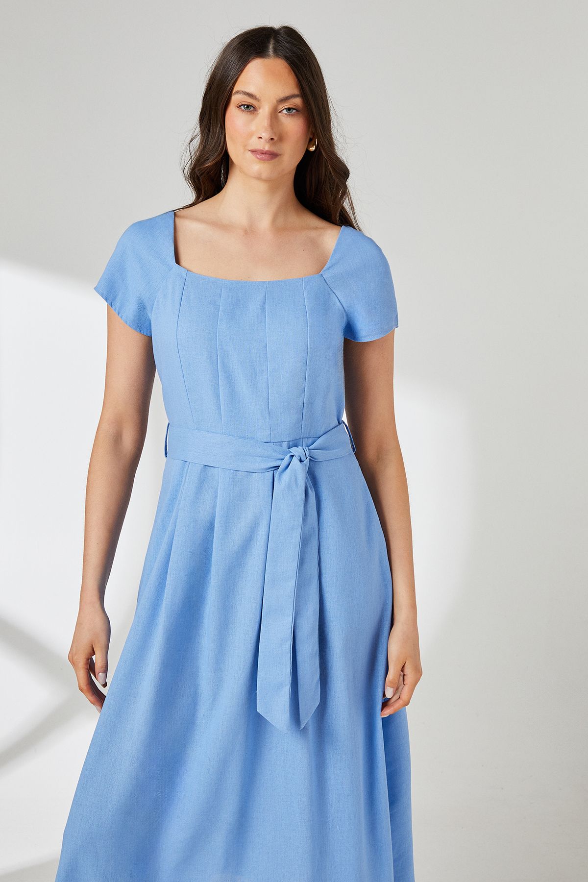 Principles Blue Square Neck Belted Linen Midi Dress Blue image 2