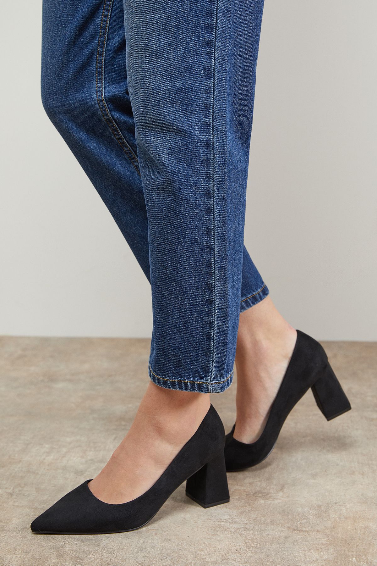 Oasis Val Faux Suede Pointed High Block Heel Courts Natural Black