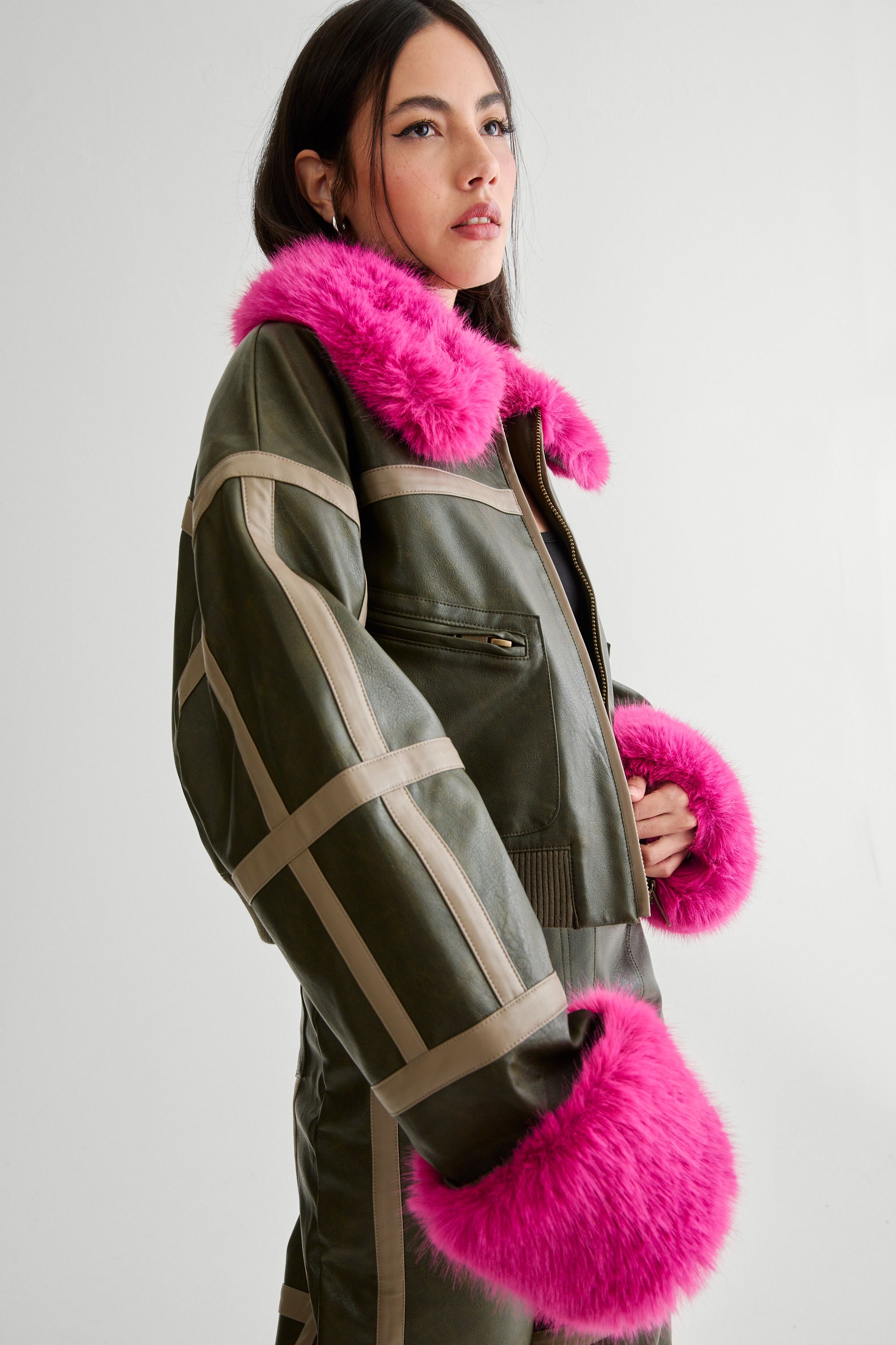 NastyGal Seam Detail Distressed Pu Bomber Grey-khaki image 3