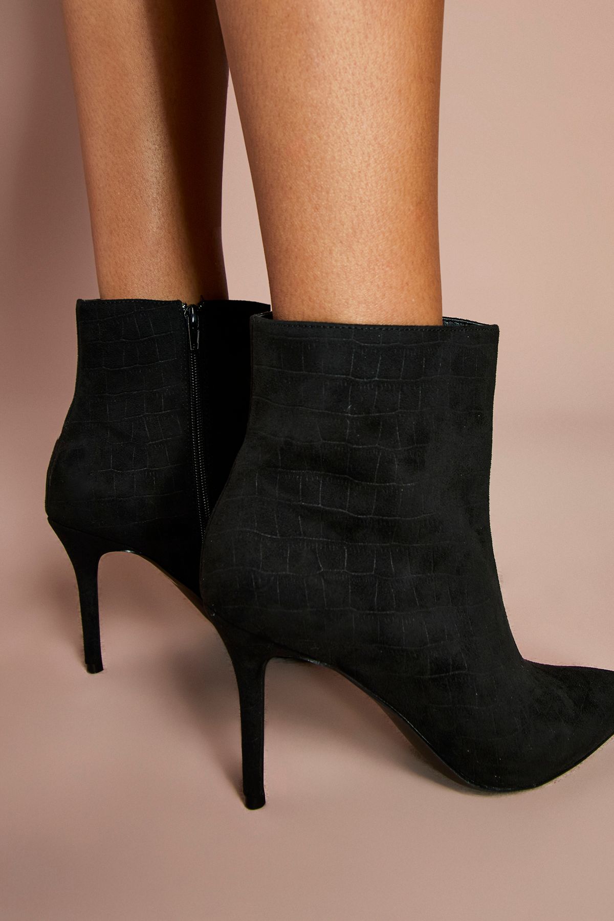 Coast Harper Faux Croc Embossed Suede High Stiletto Ankle Boots Natural Black image 3