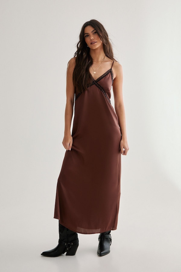 NastyGal Satin Ribbon Lace Trim Maxi Slip Dress Chocolate