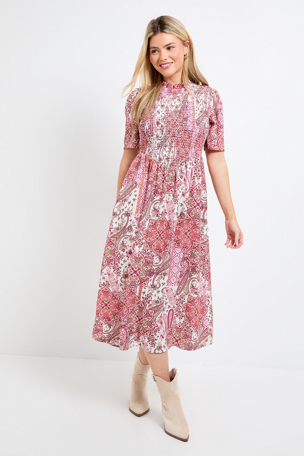 Dorothy Perkins Pink Paisley Shirred Bodice Drop Waist Midi Dress Pink