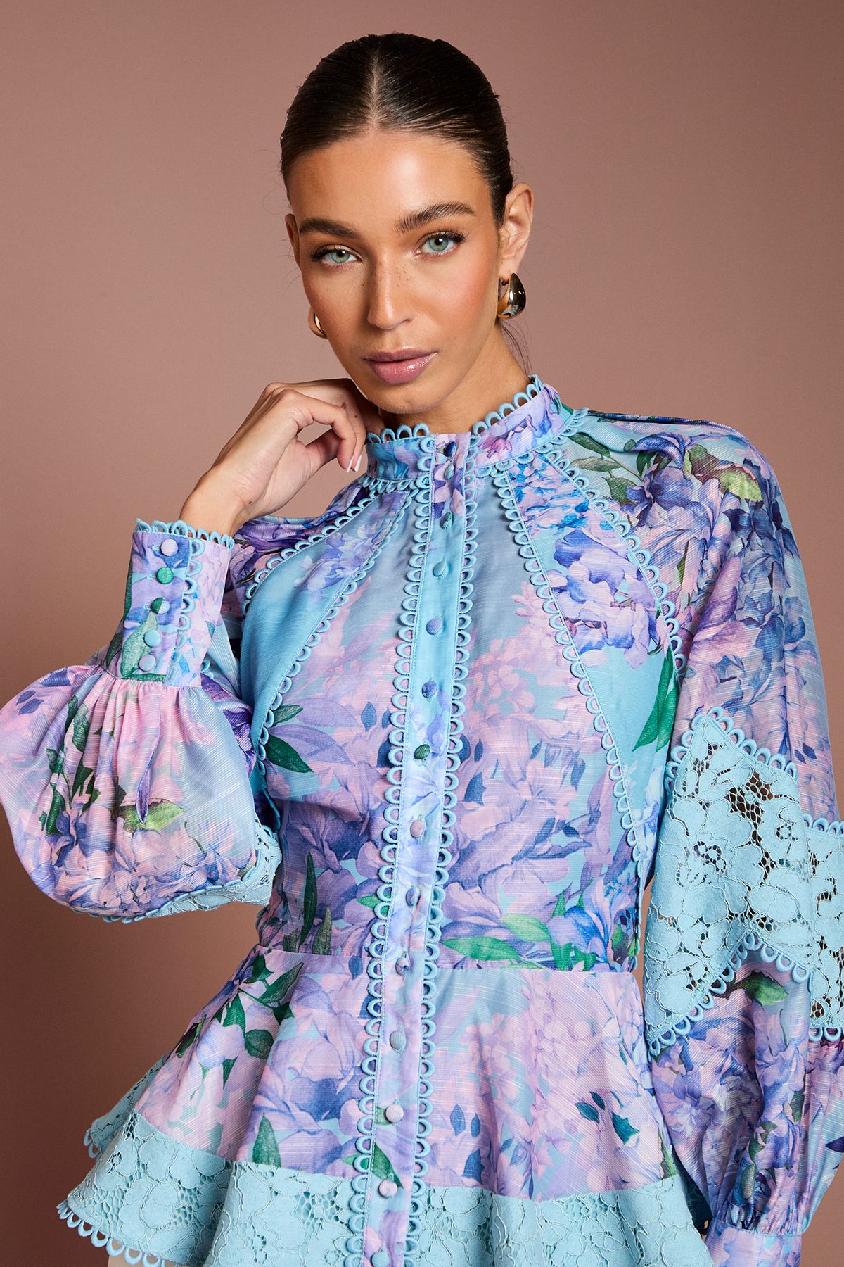 Coast Printed Blouson Sleeve Lace Trim Blouse Blue image 4