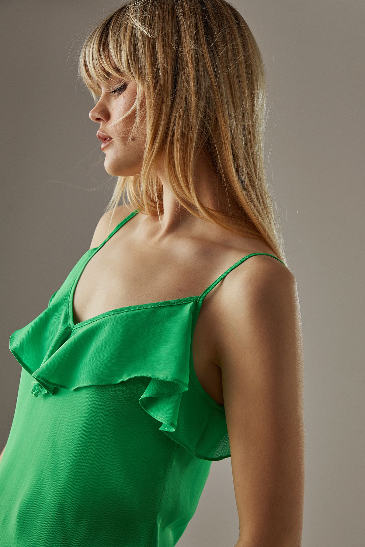 Warehouse Chiffon Ruffle Tendril Hem Cami Top Bright Green image 4