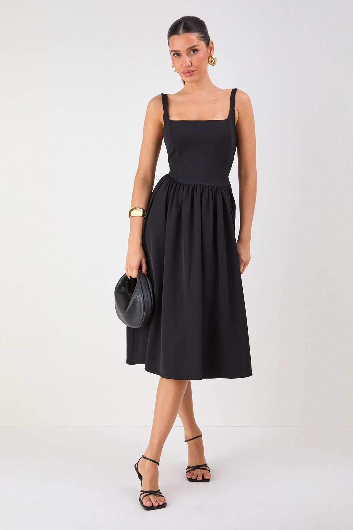 MissPap Square Neck A Line Midi Dress Black image 1
