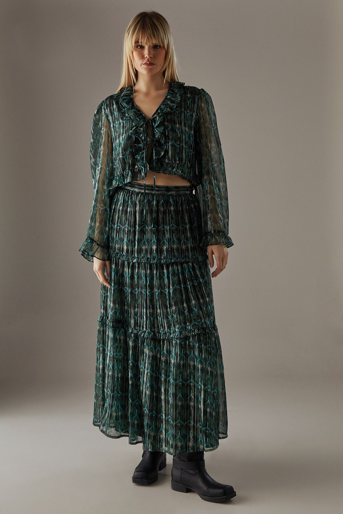 Warehouse Metallic Chiffon Ruffle Tie Front Flared Sleeve Blouse Green image 2