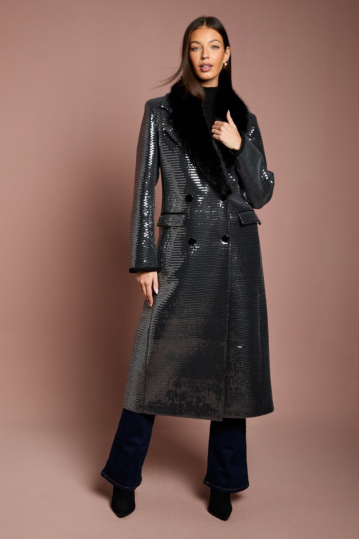 Coast Faux Fur Collar Sequin Longline Coat Black