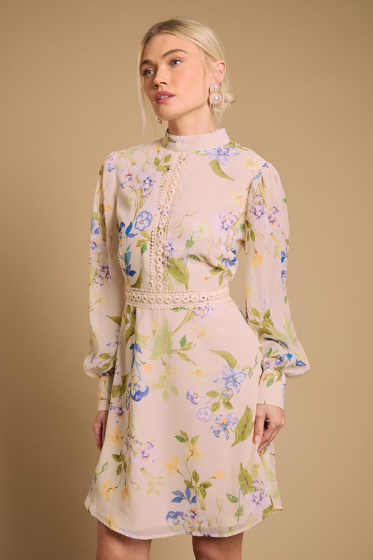 Oasis Print Collar Mini Fit and Flare Dress Cream image 1