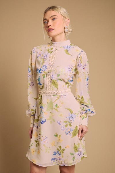 Oasis Print Collar Mini Fit and Flare Dress Cream