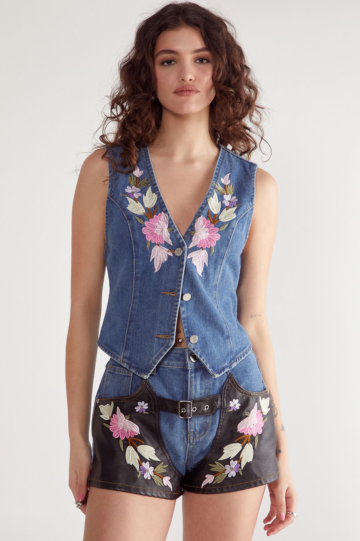 NastyGal Floral Embroidered Denim Waistcoat Multi image 3