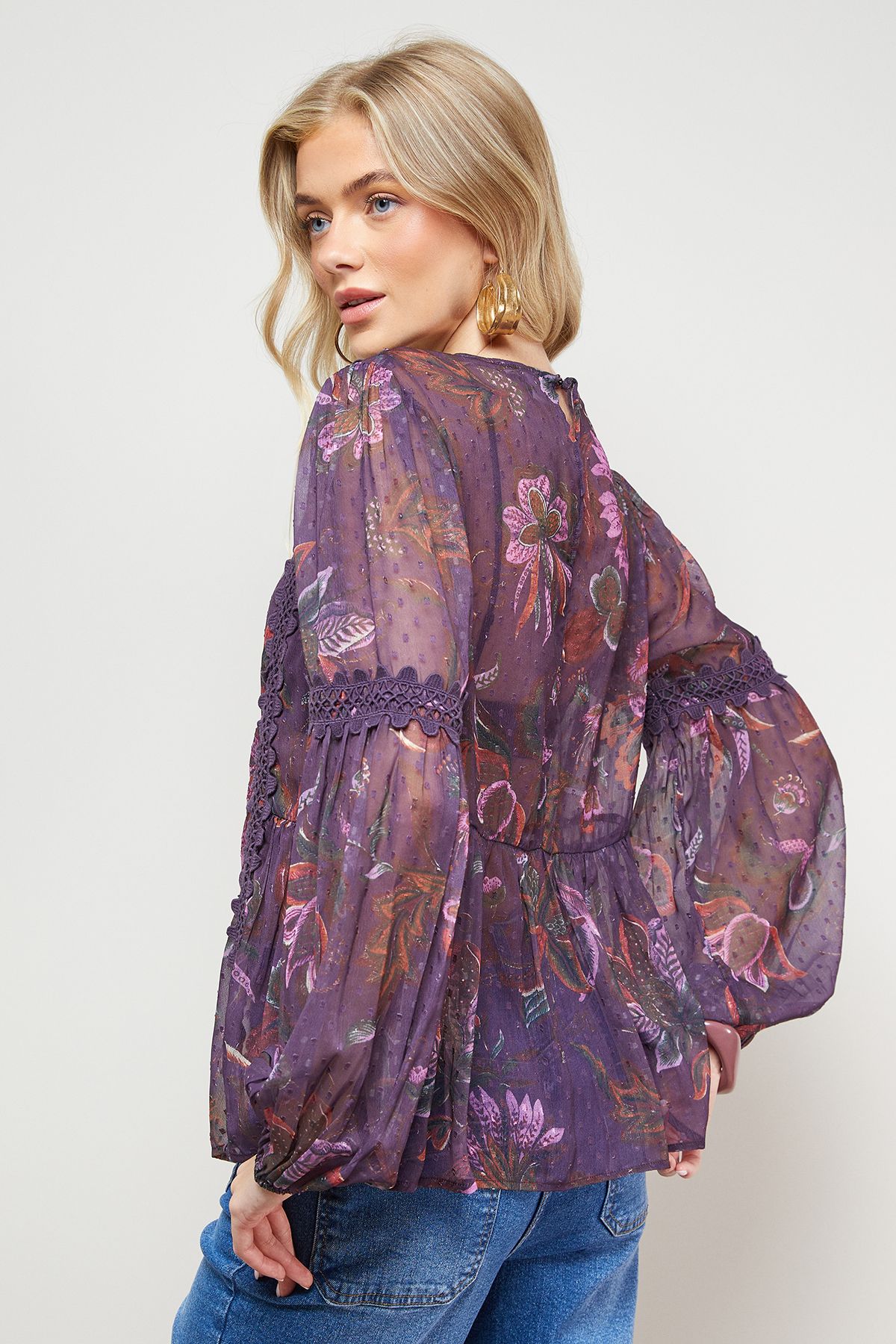 Oasis Printed Lace Detail Dobby Chiffon Blouse Multi image 4