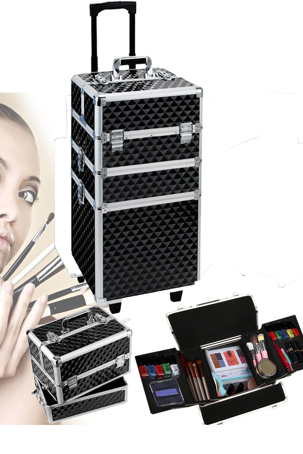 Living and Home Diamond Pattern Cosmetic Makeup Train Case image 3