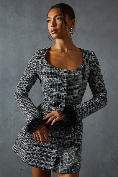 MissPap Boucle Feather Trim A-Line Mini Dress Black