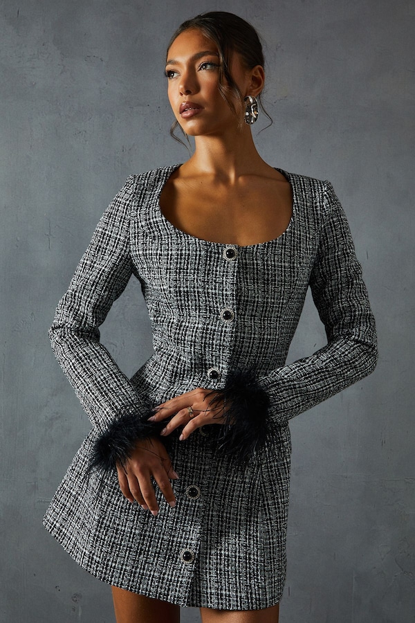 MissPap Boucle Feather Trim A-Line Mini Dress Black