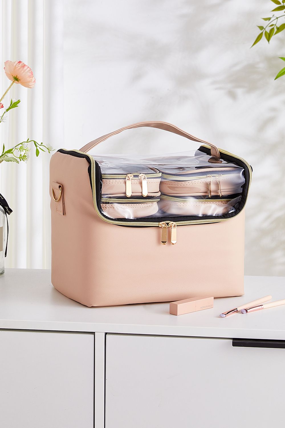 SHEONLY Pink Portable Makeup Train Case with 4 Clear Bags and Adjustable Dividers image 1