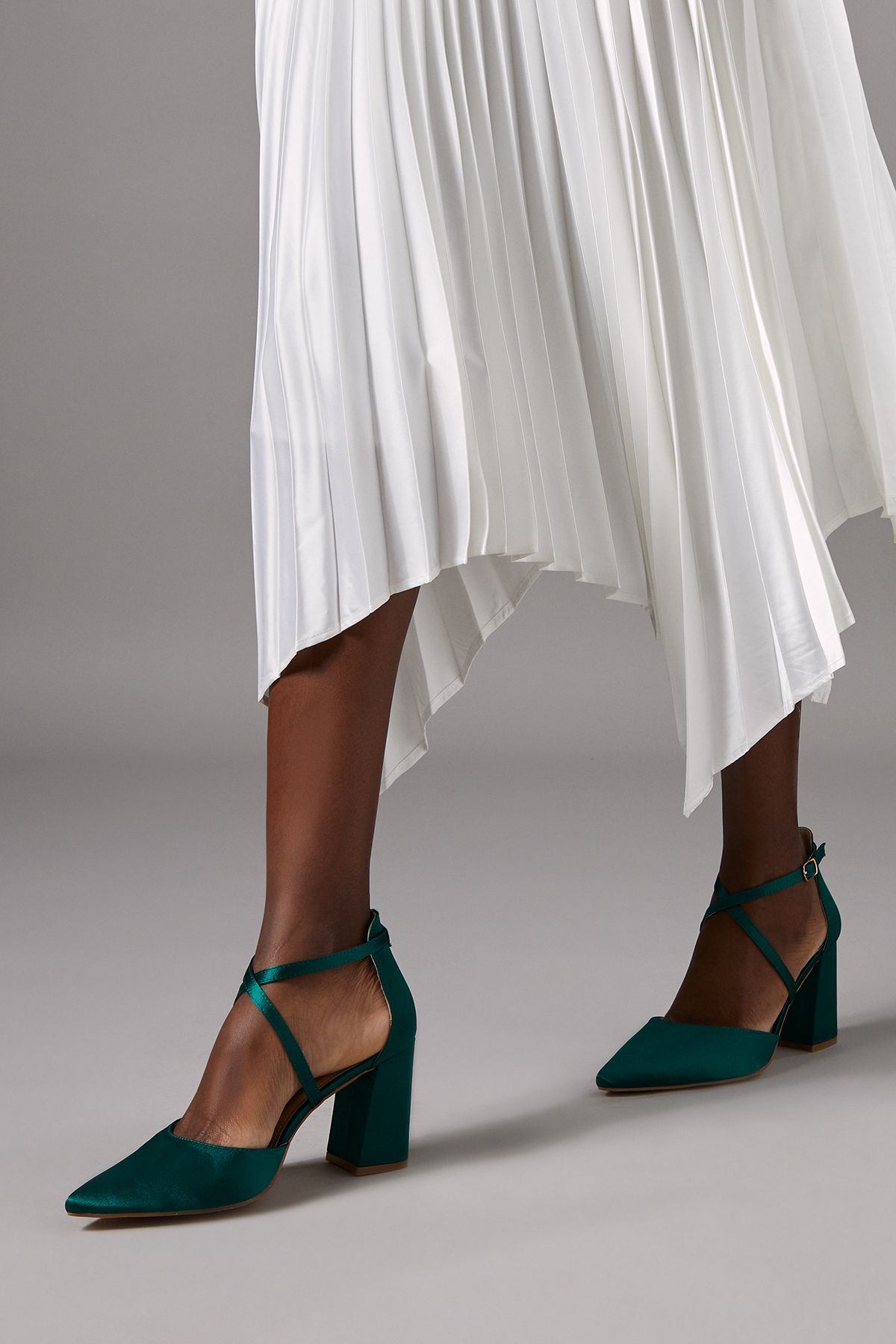 Coast Wide Fit Treat Satin Cross Strap Pointed Block Heel Court Shoes Emerald image 3