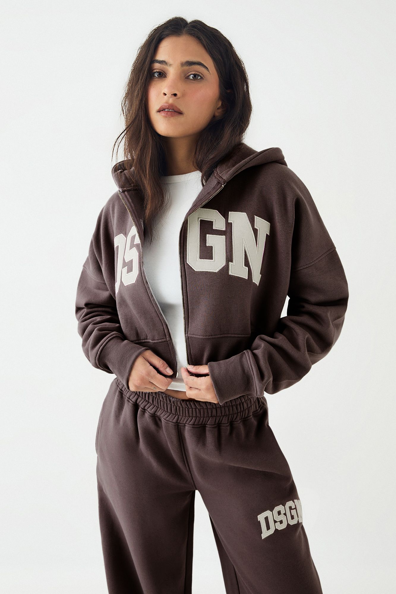 DSGN Studio DSGN Studio Cord Applique Zip Through Bomber Sweatshirt Dark Chocolate image 1