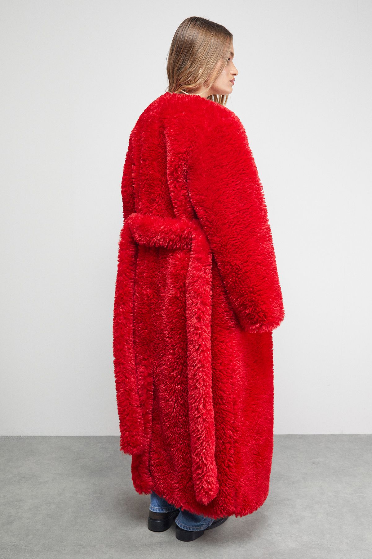Warehouse Red Maxi Belted Fur Coat Red image 3