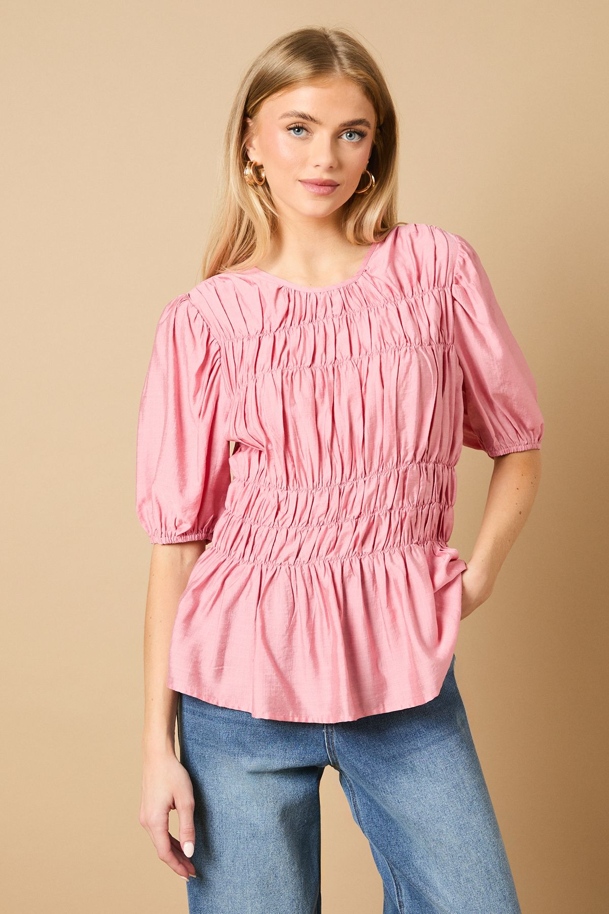 Oasis Shirred Bodice Puff Sleeve Top Pink image 2