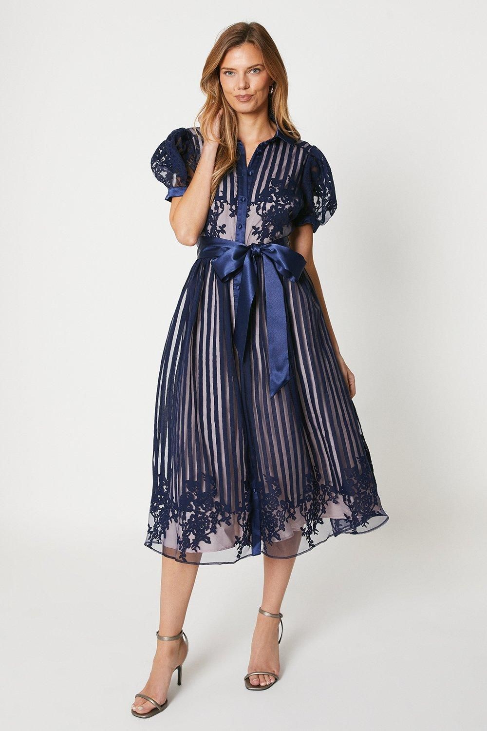 Coast Placement Stripe Organza Puff Sleeve Shirt Dress Navy