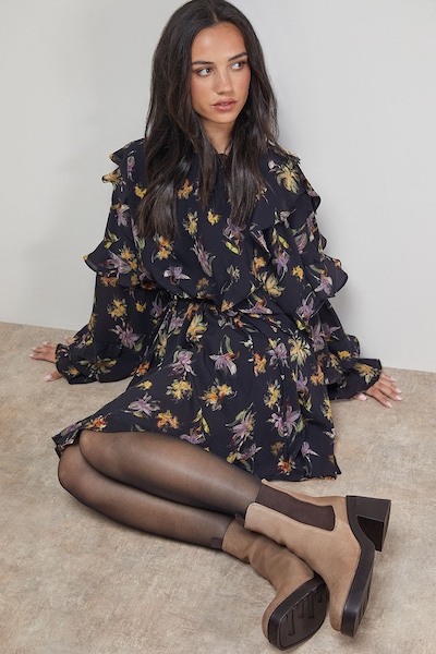 Oasis Barbara Suede Chunky High Heeled Chelsea Boots Taupe