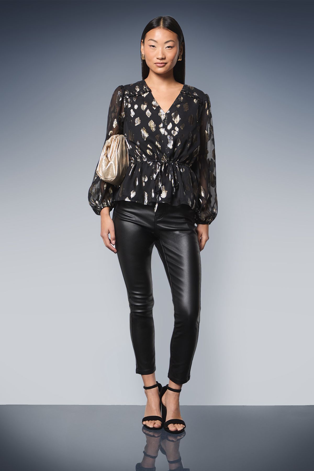 Dorothy Perkins Petite DP Luxe Drawstring Waist Frill Detail Long Sleeve Blouse Black image 2