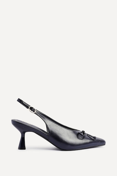 Linzi Ribbon Navy Faux Leather Slingback Court Heel
