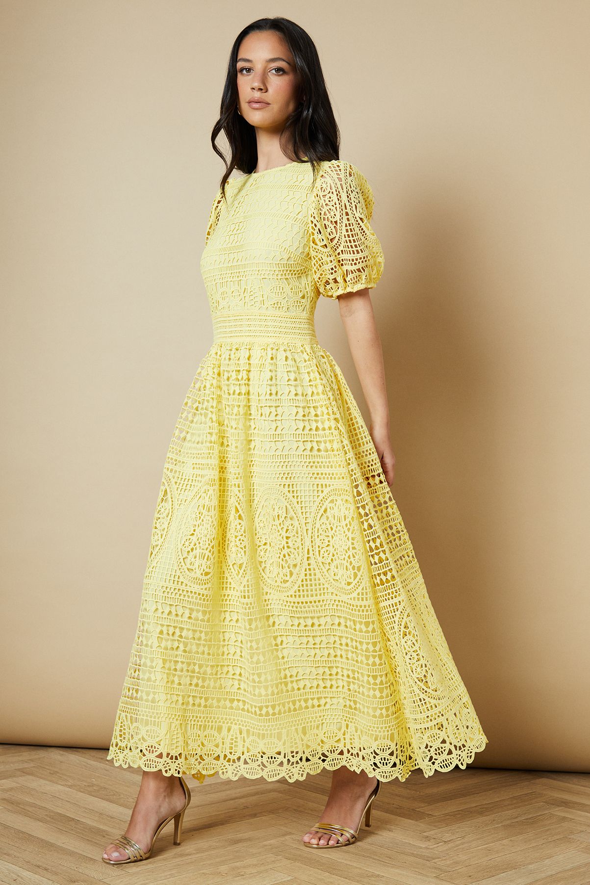 Oasis Lace Puff Sleeve Midaxi Dress Yellow image 2