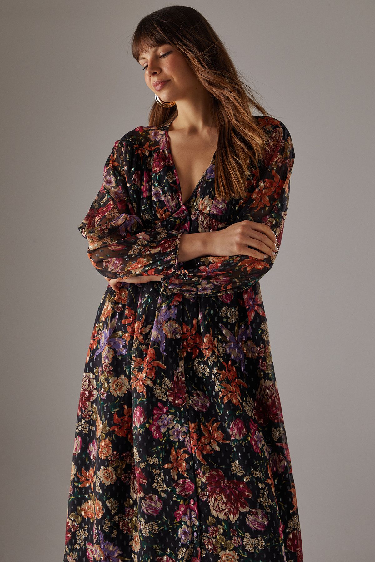 Warehouse Printed Metallic Chiffon Hanky Hem Midi Dress Floral image 2