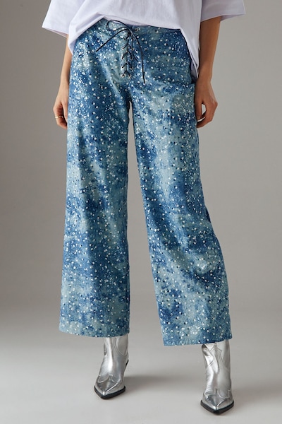 Warehouse Suedette Sequin Lace Up Trouser Denim-blue