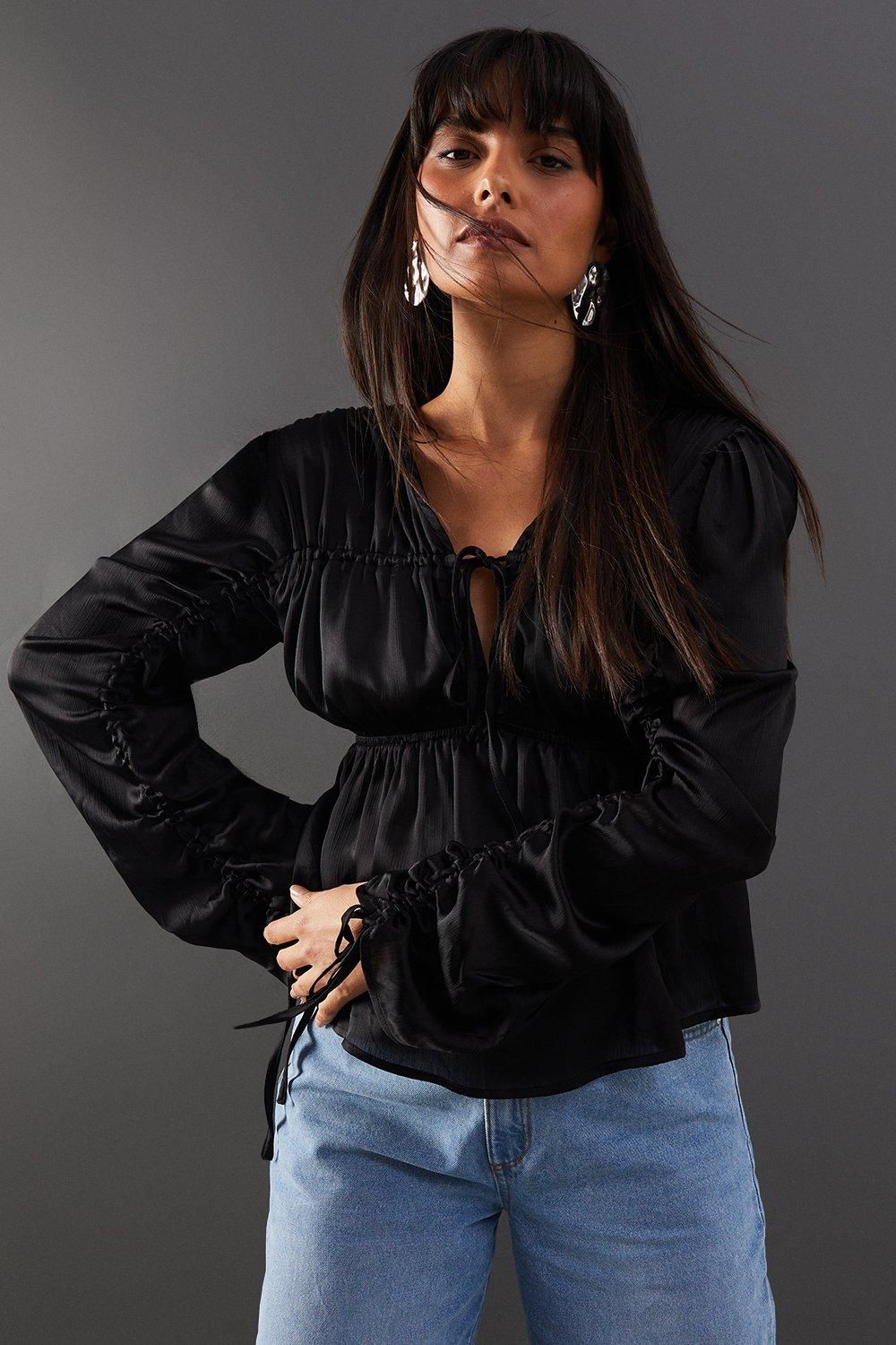 Warehouse Crinkle Satin Tie Front Volume Sleeve Blouse Black image 1
