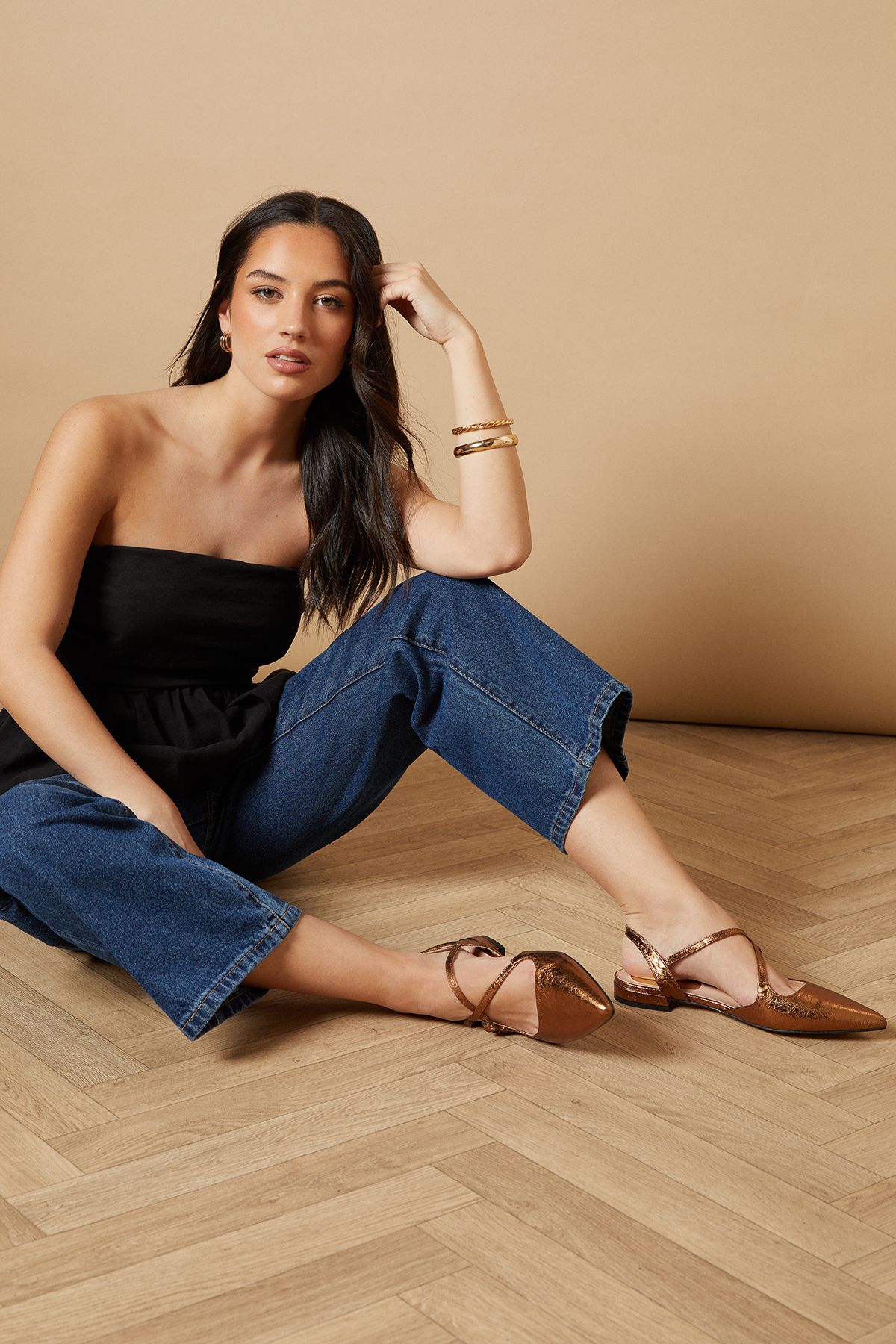 Oasis Anthea Faux Leather Pointed Cross Strap Flat Ballet Pumps Bronze image 1