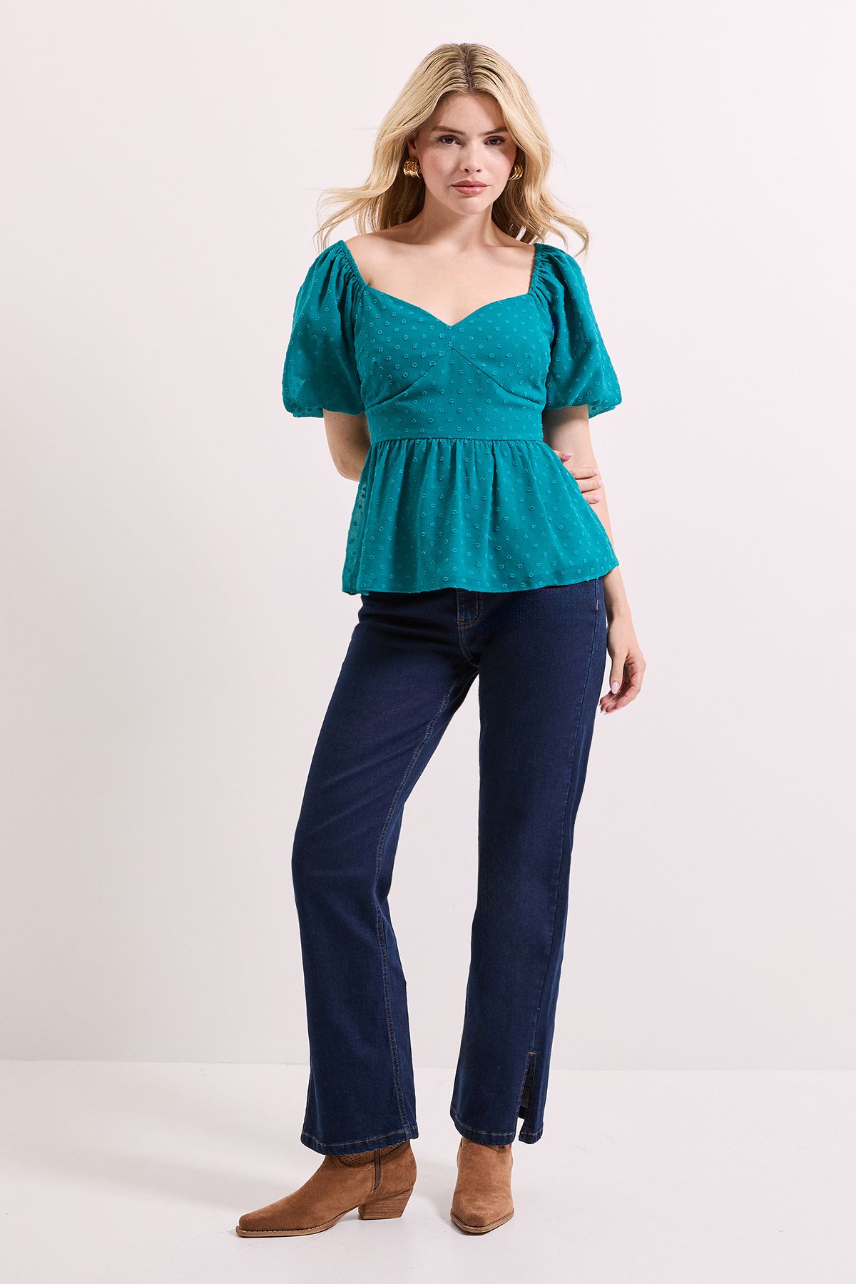 Dorothy Perkins Sweetheart Tie Back Puff Sleeve Top Teal image 1