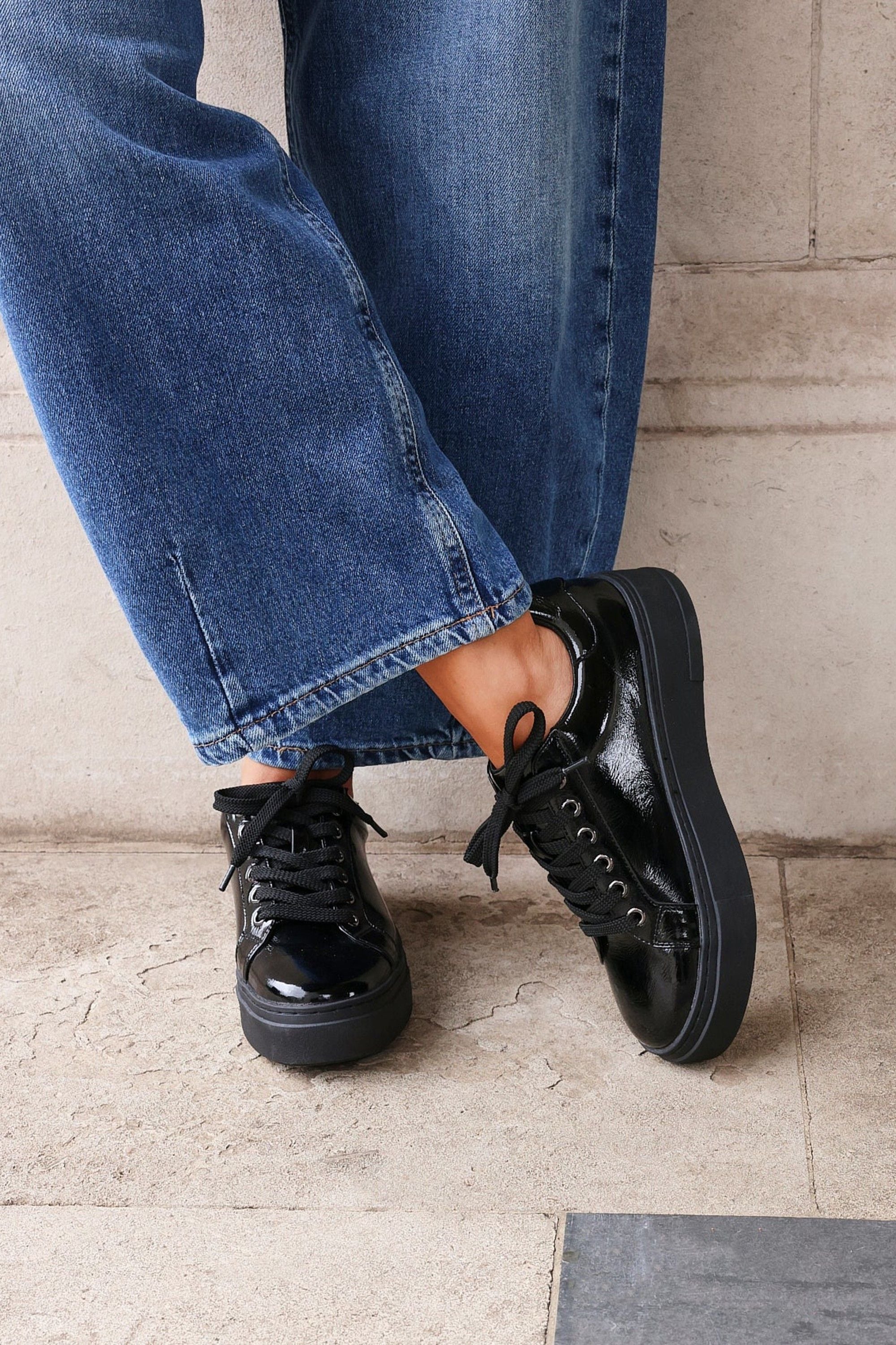 Linzi Reset Black Patent Lace Up Flatform Trainers image 2